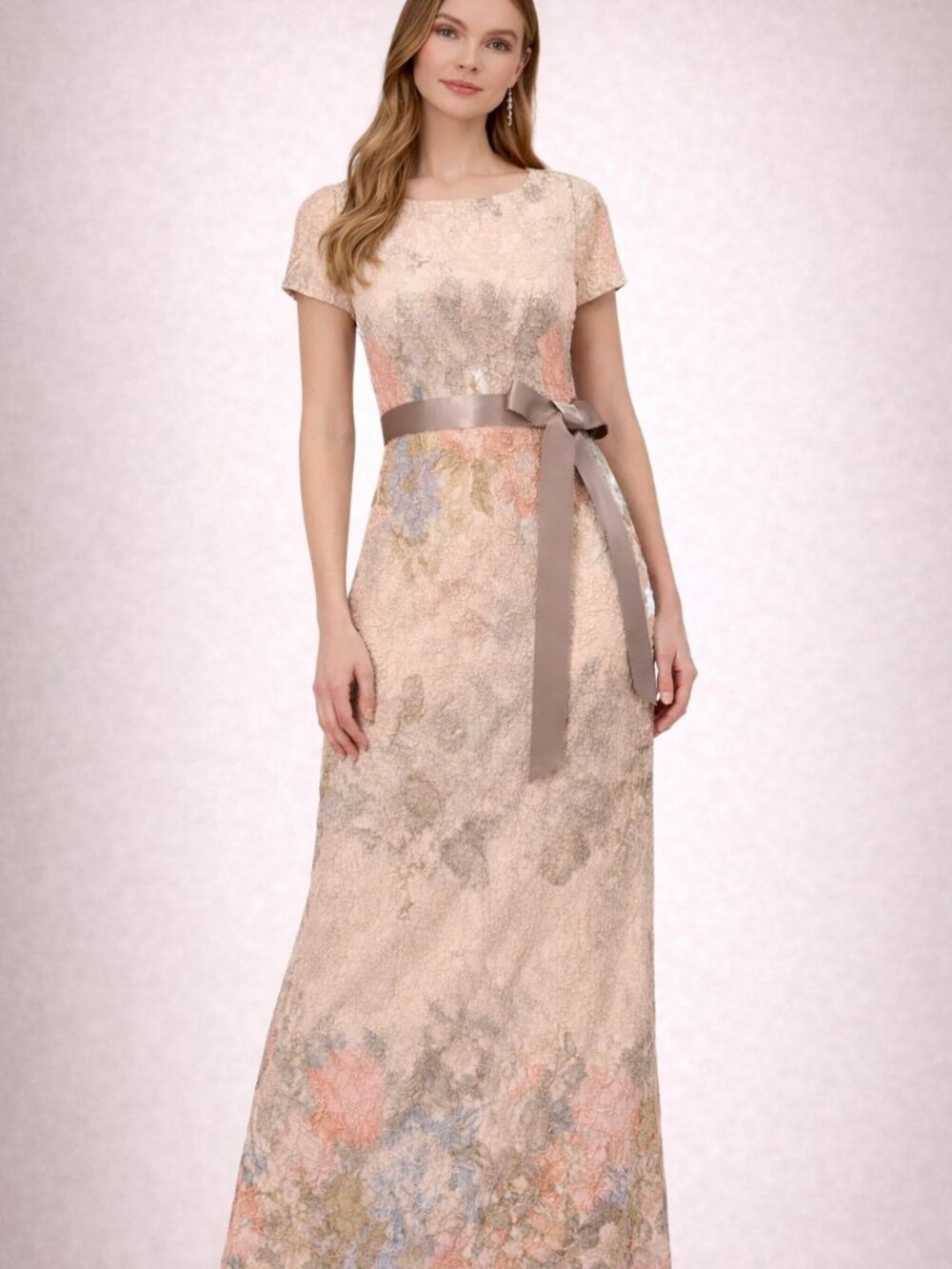 Adrianna Papell Blush Floral Jacquard Gown Matelasse Lace Column Dress Wedding
